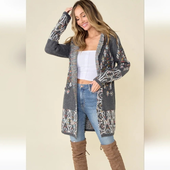 New! Cozy Gray Western Boho Hooded Knit Cardigan Sweater - Picture 6 of 9